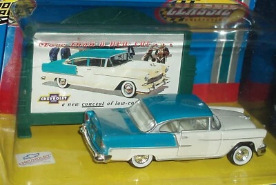 ROAD CHAMPS DIECAST 1955 CHEVY BEL AIR COUPE 1/43 O SCALE w MATCHING BILLBOARD - Image 1 of 4