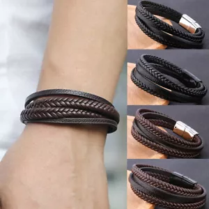 Para hombres Pulsera de Cuero Genuino Acero Inoxidable Trenzado Punk Puño Envoltura - Imagen 1 de 16