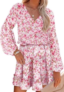 BLENCOT Women's Casual V Neck Boho Floral Dress Long Sleeve Ruffle Hem Mini - Picture 1 of 4