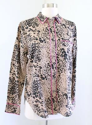 Camisa Blusa J Crew Marrón Tostado Negro Estampado Leopardo Abotonada Lino Rosa Borde S Foto 1 de 4