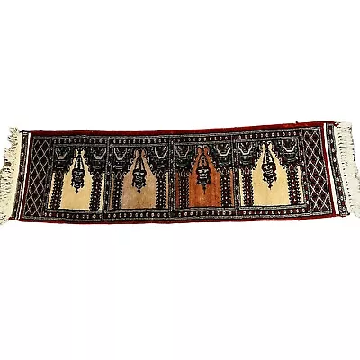 Vtg Handmade Uzbek Bukhara Small Wool Prayer Rug 3.75 ft x 1.5 ft Red Brown - Image 1 of 4