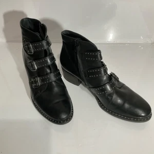 Paul Green SoHo Boot Studded and Buckle Accents Black Leather Ankle Boots Block - Picture 1 of 10