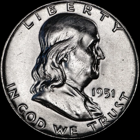 1951 Franklin Half Dollar Silver Brilliant Uncirculated, Sharp Strike!, 360 Cover