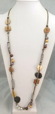 Chico's M.O.P. Shell Wood Mix Beaded Boho Large Long Silver Tone Metal Necklace - Image 1 of 4