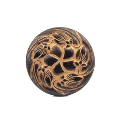 Vintage Czech glass button gold lustre hand painted black flower 27mm - Image 1 of 2