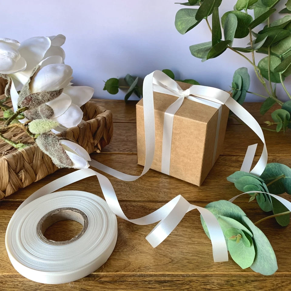 ECO HOME BUSINESS Christmas Ribbon Ivory White Satin Eco Wood Pulp Gift Wrapping 50m Spool