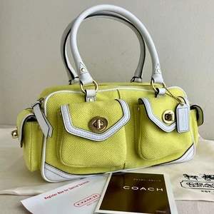 COACH Gallery Satchel Hand Bag Cotton Leather Lime White Vintage Used 112512 - Picture 1 of 16
