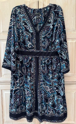INC International Concepts Woman Black and Teal Paisley V-Neck Dress Size 2X - Image 1 of 4