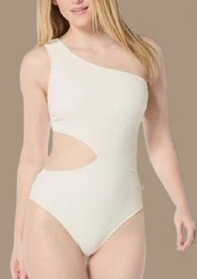 Michael Kors Women's Ribbed One-Shoulder Side-Cutout Swimsuit Size: 14 Ivory $98 - Image 1 of 3