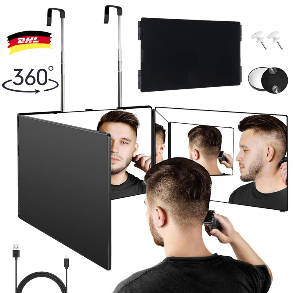 MARKENLOS 360 Grad Spiegel mit Licht Klappspiegel 3 Teilig Haare Selbst Schneiden Dimmbar