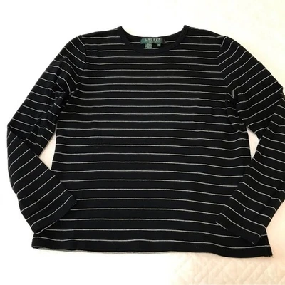 Camiseta de manga larga a rayas blancas y negras con logotipo de Lauren Ralph Lauren talla P/S Foto 1 de 4