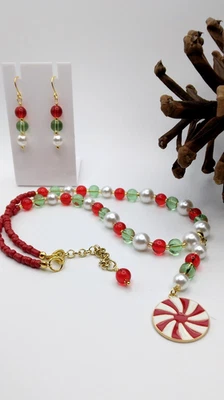 Christmas Necklace set Peppermint Charm Holiday Gift for Her Handmade Red Green - Image 1 of 4