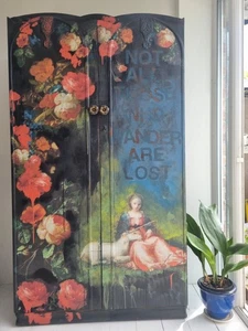 Painted Wardrobe Upcycled Black Funky Floral Lord Of The Rings Decoupage Blue - Picture 1 of 17