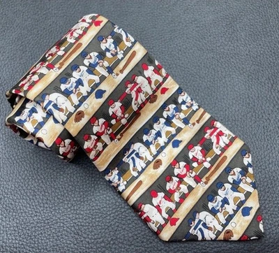 100% Silk Alynn Neckwear Mens Tie Made In USA Blue Red Baseball Bull Pen - Image 1 of 4