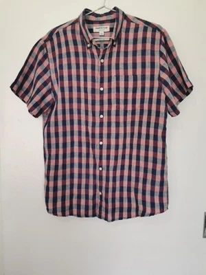 Country Road Mens French Linen Short Sleeve Shirt Sz M Red Blue Purple Check - Image 1 of 4