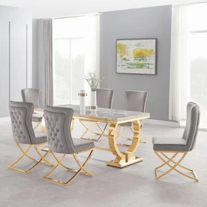 Mesa de Comedor Oro Acero Inox. Mármol Imitación Piedra Diseño 160x90 CM - Imagen 1 de 3
