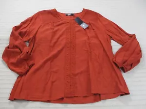 Agnes Orinda Womens Shirt 2X Red Long Sleeve V Neck Trim Polyester Rust New - Picture 1 of 11