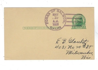 1938 UX27 Postal Card, Forks of Salmon California, Siskiyou County - Image 1 of 2