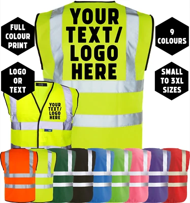 Logo/Text Custom Printed Hi-Vis High Viz Visibility Safety Vest/Waistcoat S-3XL - Image 1 of 3