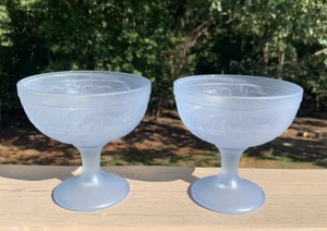 Set Of 2 Vintage Blue Satin Frosted Glass Footed Sherbet Dessert Bowl France - Picture 1 of 4