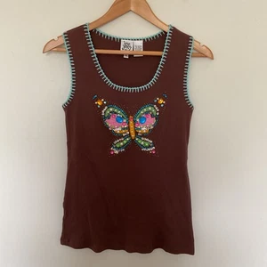Ivy Jane Y2K braun verziert Schmetterling mit Schmucksteinen gerippt Tank Top M skurril - Bild 1 von 9