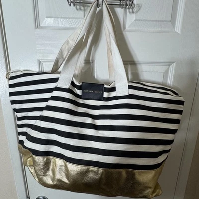 Victoria’s Secret Black White Striped Tote Bag Gold Bottom Large Travel Beach - Image 1 of 4