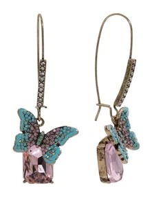 Betsey Johnson Boho Butterfly Pink & Blue Drop Earrings Crystal Gold Tone Dangle - Picture 1 of 2