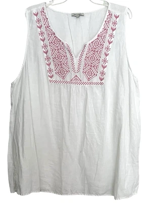 Rose & Thyme Boho Top Size 2X Cream Pink Embroidered Semi Sheer Linen Cotton - Image 1 of 4