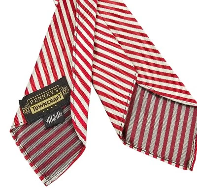 Vintage 50's PENNEYS Towncraft 100% Silk Cravat Tie Red Silver Striped Necktie  - Image 1 of 4
