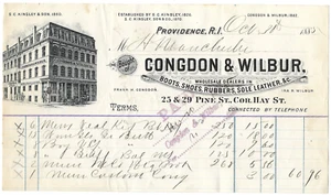 1885 CONGDON & WILBUR PROVIDENCE, RI RECEIPT-ILLUSTRATED-FREE USA SHIP - Picture 1 of 2
