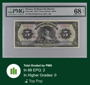 [TOP POP] MEXICO 5 PESOS 1970 P60 PMG 68 SUPERB GEM UNC EPQ FINAL ISSUE - Picture 1 of 4