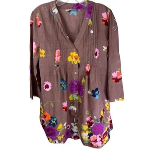 Soft Surroundings Top Blouse Shirt Womens Medium Brown Garden Floral Tunic Boho - Picture 1 of 6