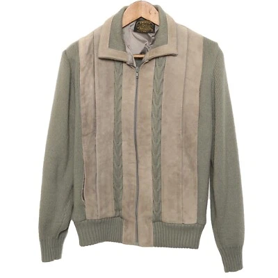 Vintage Emporium Tan Leather Suede Panel Sweater Jacket Full Zip Size Small Knit - Image 1 of 4