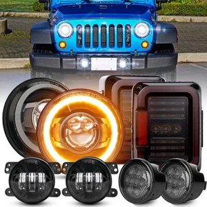 7" Halo LED Headlights Turn Signal Fog Tail Lamp For Jeep Wrangler JK 2007-2018 - Foto 1 di 20