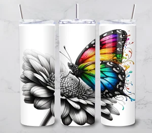 20oz Rainbow Butterfly Lid Reusable Straw Stainless Steel Insulated Cup - Picture 1 of 6