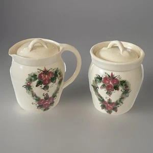 East Texas Pottery Red Rose Stoneware Creamer Pitcher & Sugar Crock With Lids - Picture 1 of 10