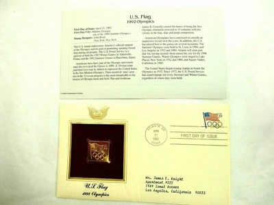 U.S.Flag 1992 Olympics- 22k Gold Stamp Replica 1st Day Issue 4,21,1991 - Image 1 of 4