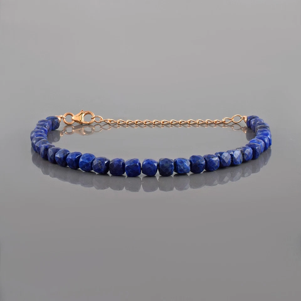 Natürlich Lapislazuli 5mm Quadrat Perlen Kette 925 Silber Handgemachte Armband - Bild 1 von 4