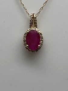 10K Yellow Gold Oval Shape Natural Ruby and Diamond Pendant with Chain - Picture 1 of 10