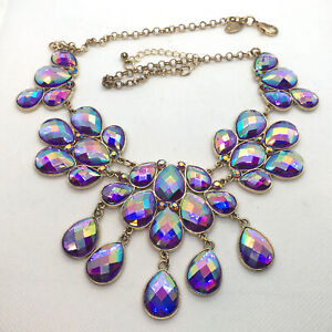 CHARMING CHARLIE IRIDESCENT PURPLE FACETED RHINESTONE STATEMENT PEACOCK NECKLACE