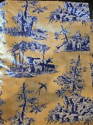 Vintage Toile Fabric Lightweight Cotton Yellow Blue White 6 Yds  - Image 1 of 4