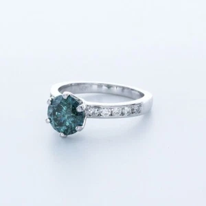 2.2CT NATURAL DIAMOND BLUE/SI1 ROUND CUT 14K GOLD 4-PRONG CLASSIC SIDESTONE RING - Picture 1 of 4