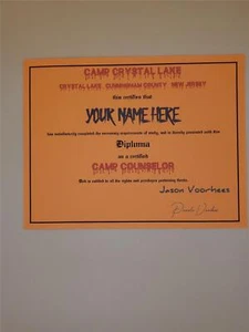 Crystal Lake Camp Counselor Friday 13th Jason Voorhees Halloween Diploma Scream - Picture 1 of 14