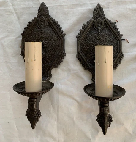 Pair of Vintage Gothic Arts & Crafts Wall Sconce Hammered Cast Iron One Light Cover