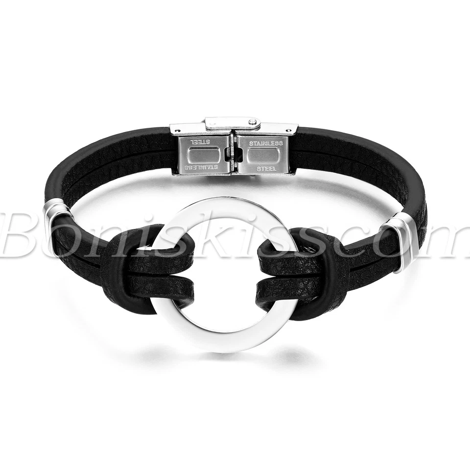 Brazalete brazalete brazalete brazalete anillo tórico acero inoxidable cuero negro con dije para hombre Foto 1 de 1