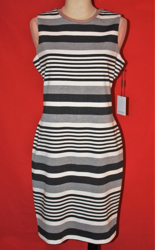 Calvin Klein Womens 10 Sleeveless Striped Shift Dress Black White Gray