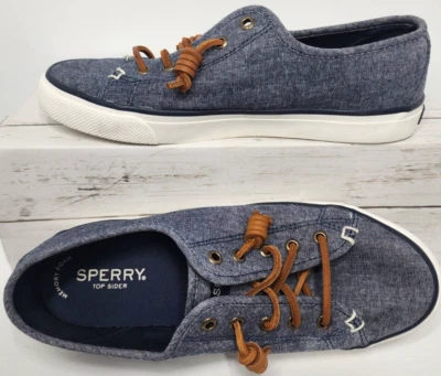 Mocasín sin cordones de lona azul sperry, encaje de cuero, sin marcas, mujer talla 7,5 Foto 1 de 4
