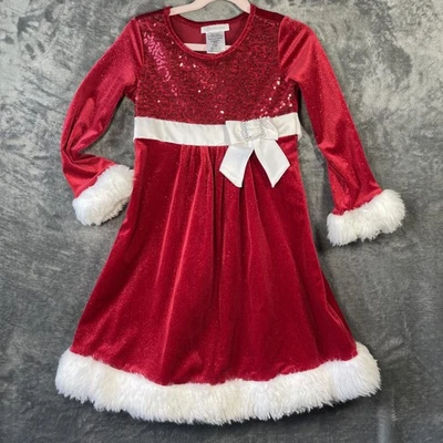 Bonnie Jean Dress Girls 6X Red Sequin Velvet Santa Holiday Faux Fur Bow Party - Image 1 of 4