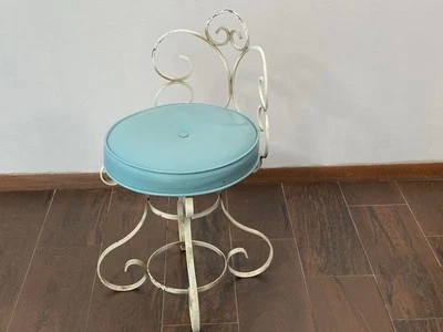 VTG Mid Century Aqua Vanity Chair Round Wrought iron Cushion Scrolled Base Wow! - Image 1 of 4