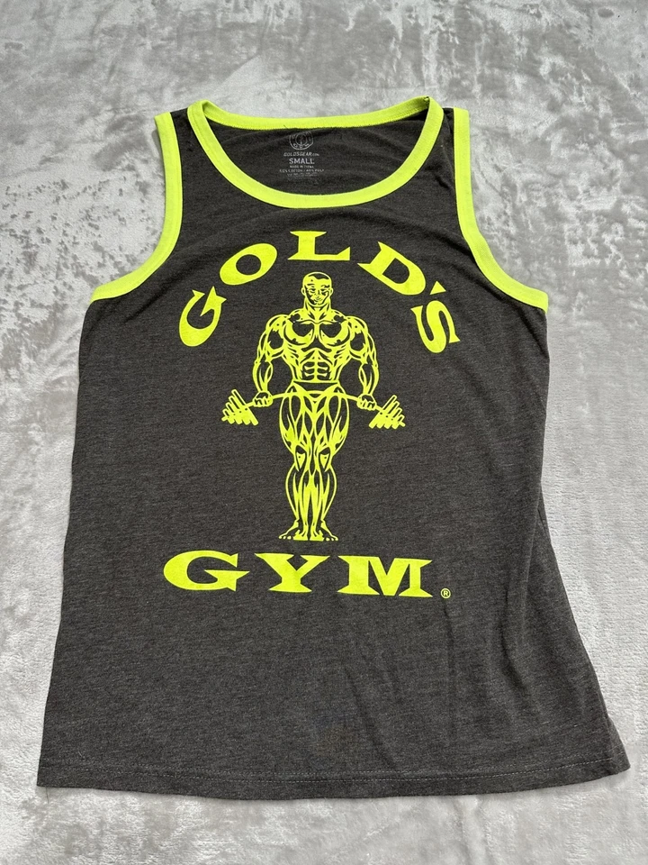 Camiseta sin mangas Gold's Gym para hombre talla pequeña gris y verde neón sin mangas elástica usada en excelente estado Foto 1 de 4